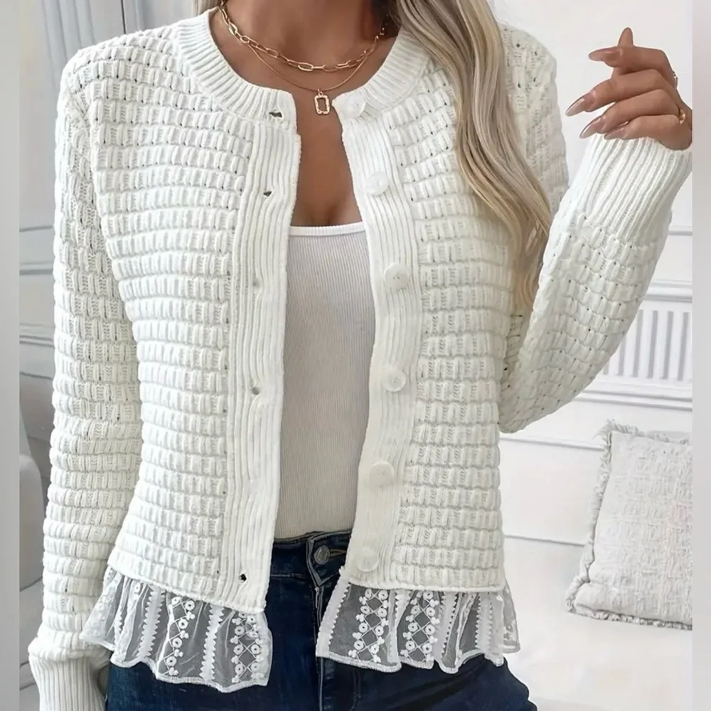 Elegant White Knit Sweater with Lace Trim